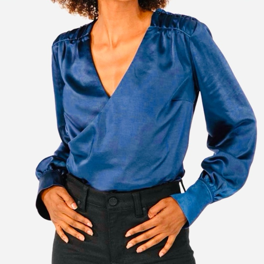 Kut from the Kloth Alessandra Satin Surplice Blouse Top Sapphire Blue sz Med NWT